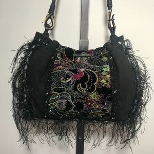 MARY FRANCES Black Beaded Embroidery Fringe Purse